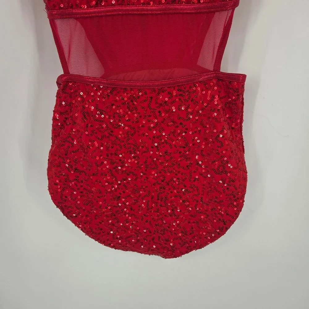 Balera Red Sequin Dance Leotard Mesh Rhinestone Cage Back Girls Large LC